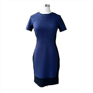 Halogen Dress 0 Blue Sheath Ponte Knit Shift Stretch Short Sleeve Zip Career